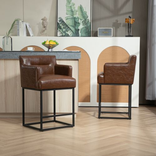 COOLMORE Counter Height Bar Stools Set of 2, Modern Barrel Bar Stool with Backrest and Arms, Black Metal Frames, Upholstered Bar Stools for Kitchen Is